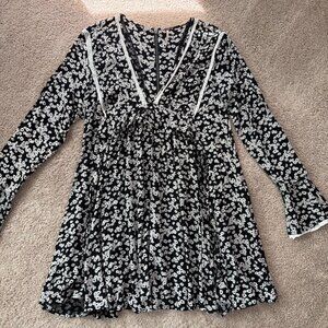 Free People Dress Womens XS Black White Boho Mini Long Sleeve Fairy Whimsigoth